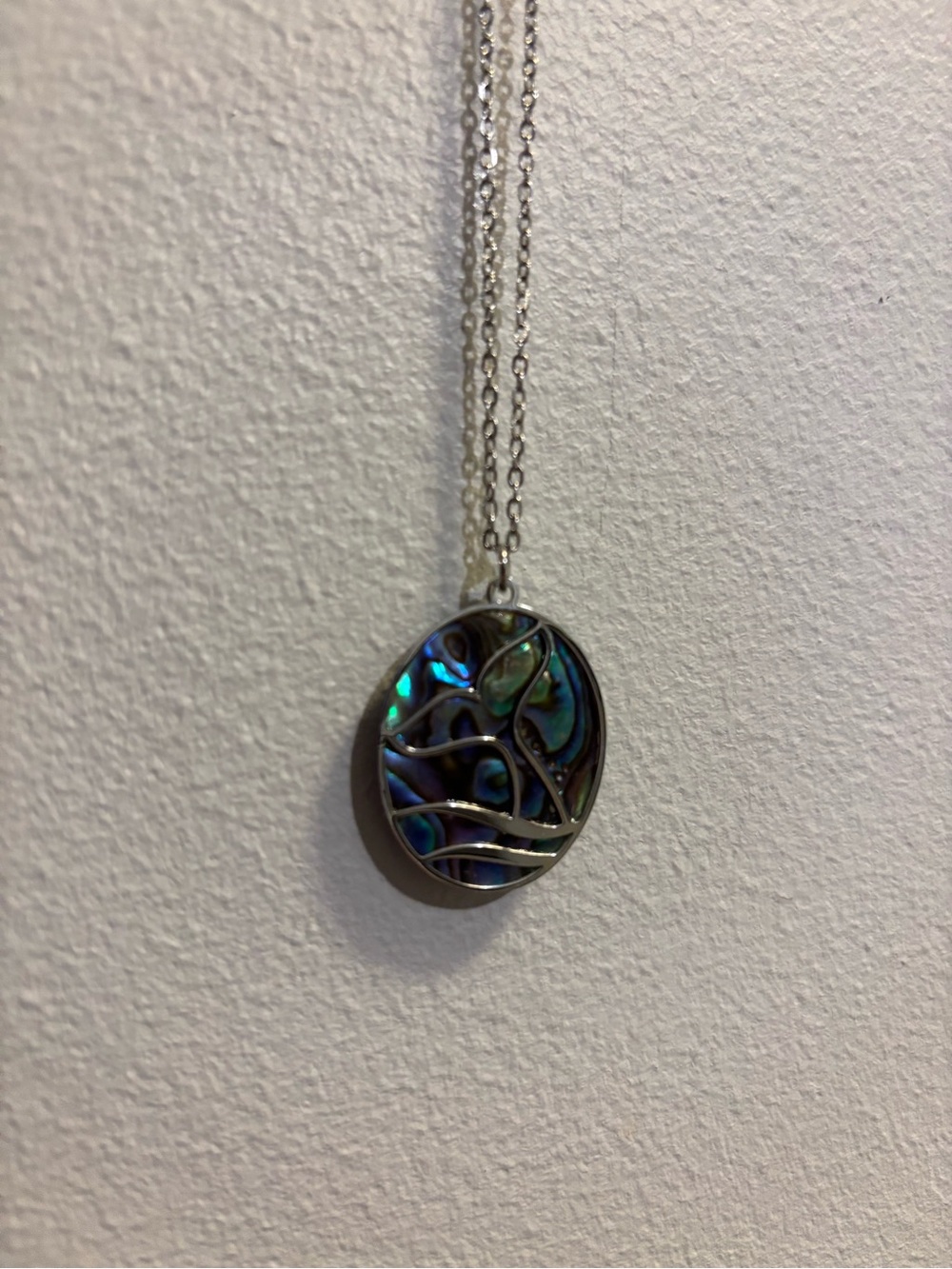 Abalone Shell Silver-Tone Oval Pendant Necklace - Iridescent Blue-Green